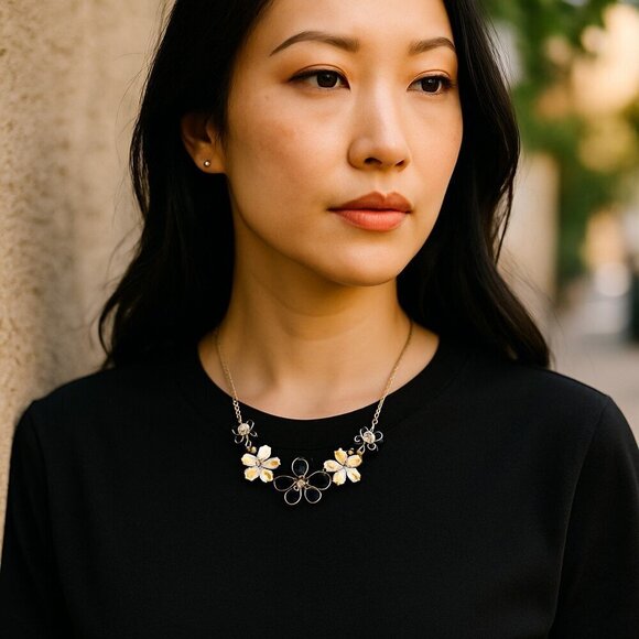 Flower Statement Necklace Silver Tone Black Cream Adjustable Length Rhinestone C - Picture 2 of 5